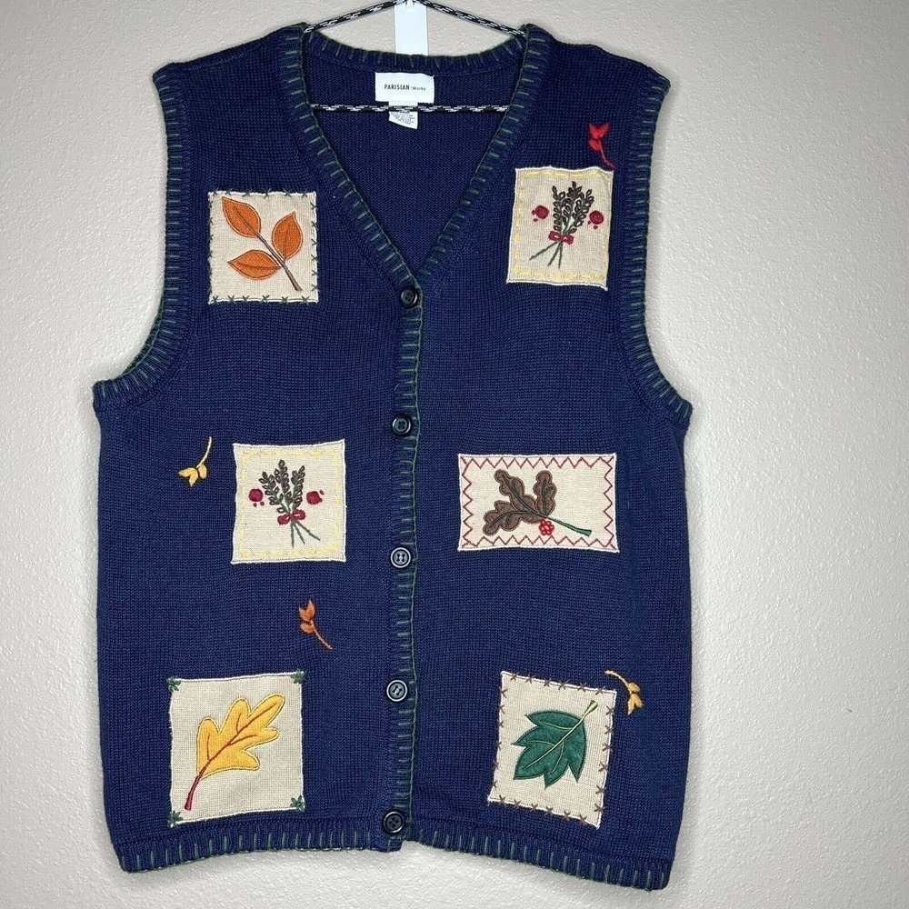 Parisian Works Women's Blue Embroidered Fall Leaf Patches Button-Up Sweater Vest